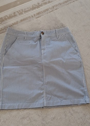 Düğmeli Mavi Çizgili Midi Kot Etek - Görsel 5