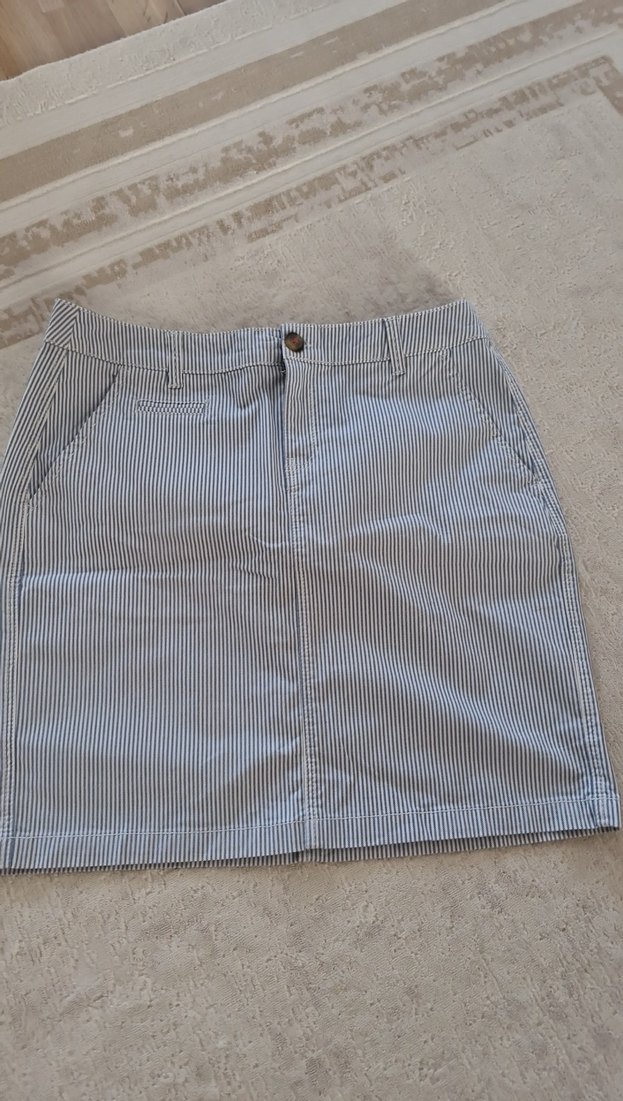 Düğmeli Mavi Çizgili Midi Kot Etek - Görsel 5