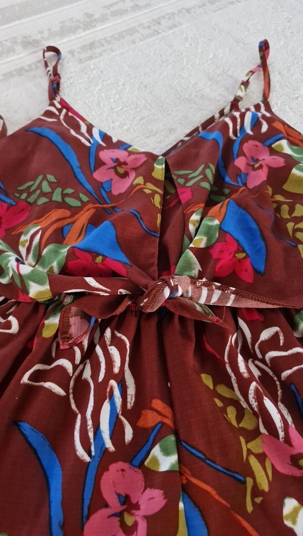 Kahverengi Çiçekli  Kadın Mini Tulum - Görsel 3