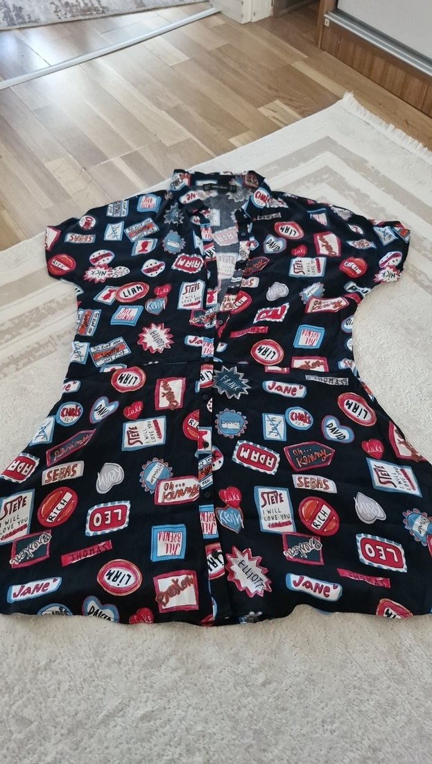 Düğmeli Mini Baskılı Kadın Gömlek elbise - Görsel 2