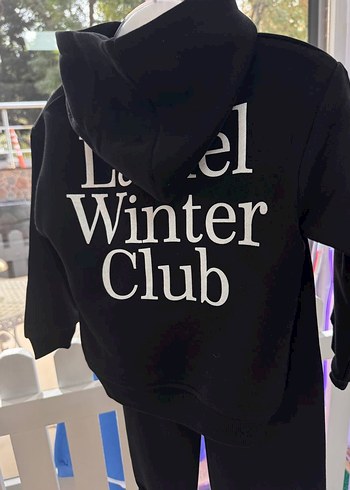Standart Beden Beden Kız Siyah Kapüşonlu Baskılı Sweatshirt ve Eşofman