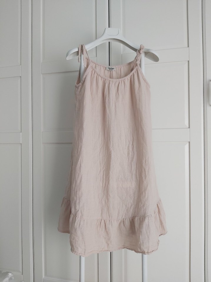 Yeni Otantik Müslin Bej Mini Askılı Rahat Elbise - Görsel 4