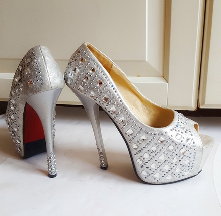 Designer Taşlı gümüş platform ayakkabı