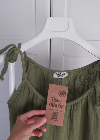 Yeni Haki Otantik Kadın Müslin Askılı Salaş Elbise - Görsel 3