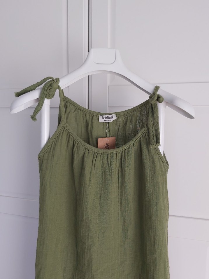 Yeni Haki Otantik Kadın Müslin Askılı Salaş Elbise - Görsel 4