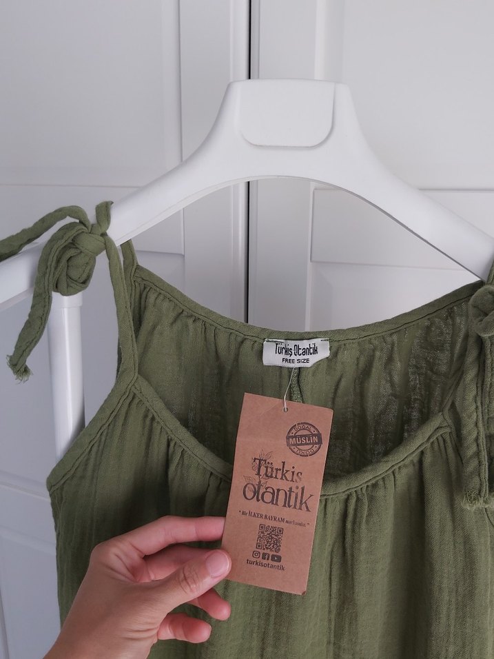 Yeni Haki Otantik Kadın Müslin Askılı Salaş Elbise - Görsel 3