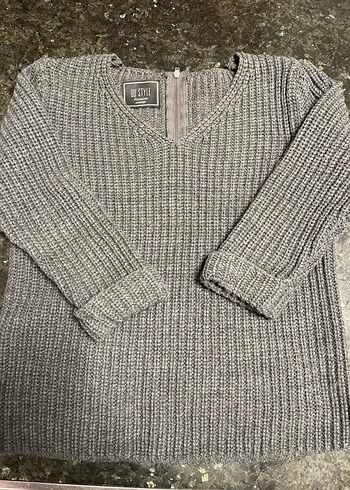 Gri V Yaka Örgü Kadın Kazak - Görsel 7