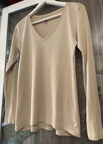 Bej V Yaka Uzun Kollu Hamile Tişörtü - Görsel 2