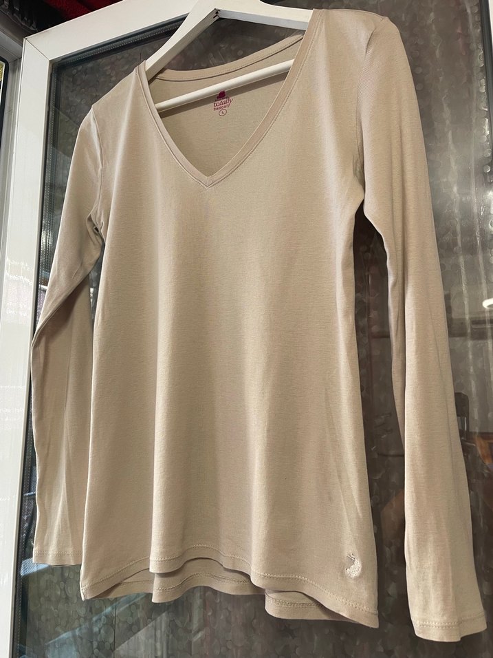 Bej V Yaka Uzun Kollu Hamile Tişörtü - Görsel 2