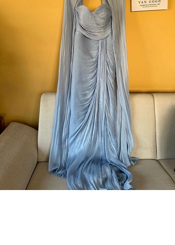 Mavi Drapeli Uzun Straplez Kadın Abiye - Görsel 3