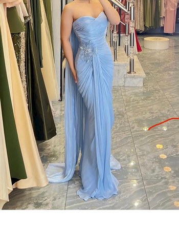 Mavi Drapeli Uzun Straplez Kadın Abiye - Görsel 5