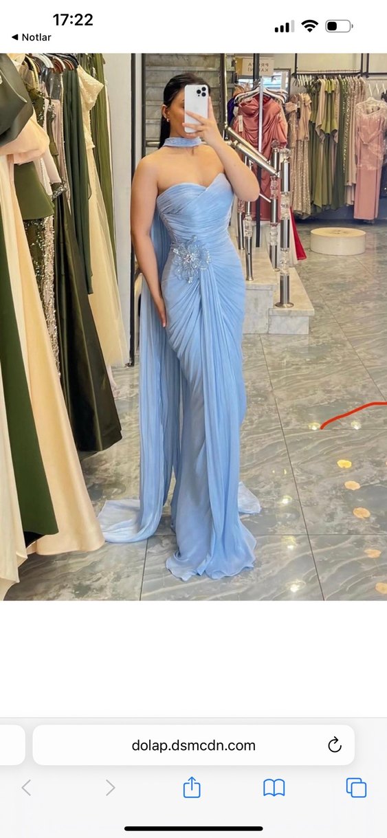 Mavi Drapeli Uzun Straplez Kadın Abiye - Görsel 5