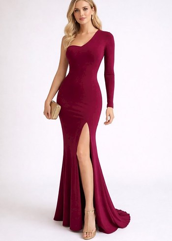 Bordo Uzun V Yaka Sırt Dekolteli Abiye Elbise - Görsel 2