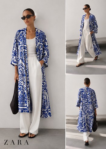 Zara Mavi Beyaz Paisley Uzun Kimono