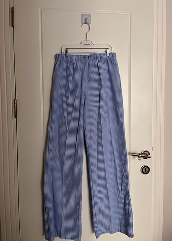 Stradivarius Mavi Çizgili Bol Kesim Keten Pantolon - Görsel 2