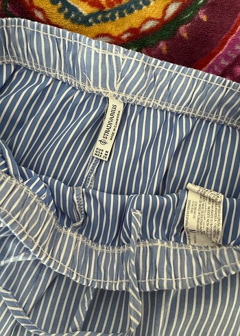 Stradivarius Mavi Çizgili Bol Kesim Keten Pantolon - Görsel 4