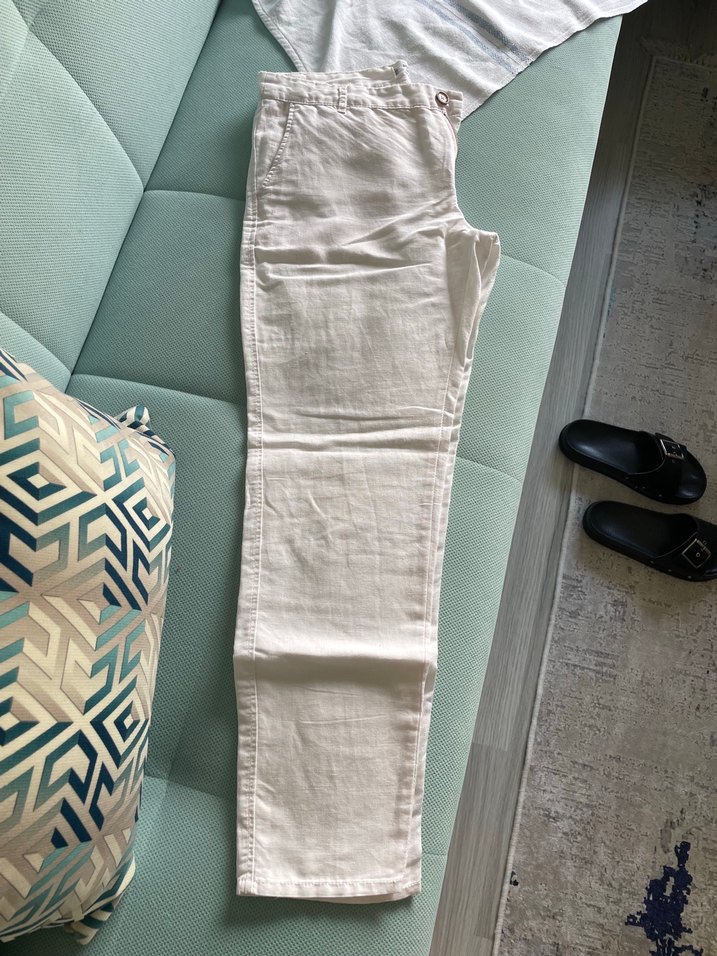 Beyaz Keten Kadın Pantolon - Görsel 2