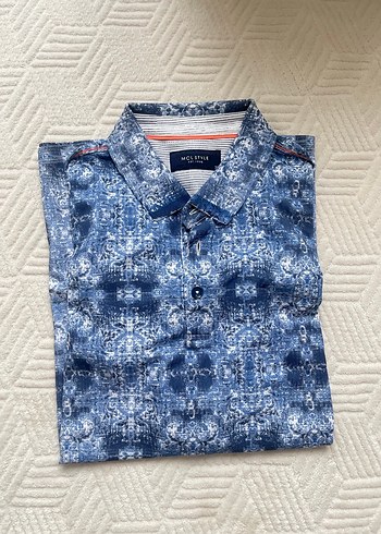 Düğmeli Kısa Kollu Mavi Batik Erkek Gömlek