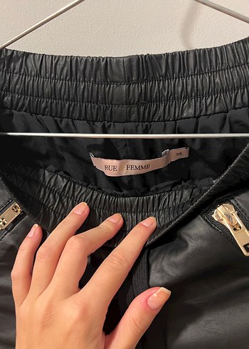 Diğer Rue femme Siyah Deri Fermuarlı Kadın Pantolon