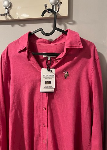 m Beden Us polo assn Pembe Keten Kadın Gömlek, Uzun Kollu, Düğmeli