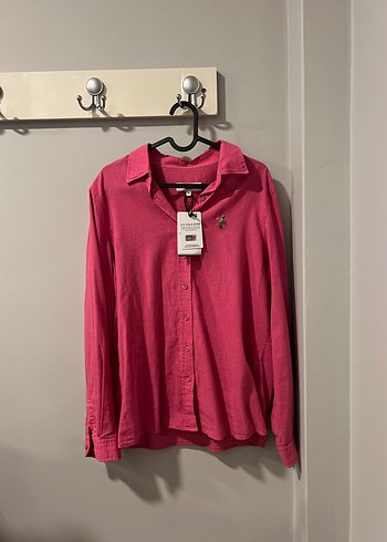 Us polo assn Pembe Keten Kadın Gömlek, Uzun Kollu, Düğmeli