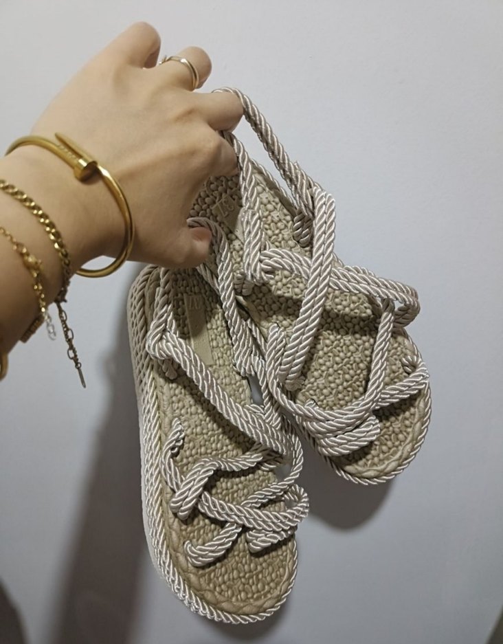 Beyaz Örgü Bohem Kadın Dolgu Topuk Sandalet - Görsel 2