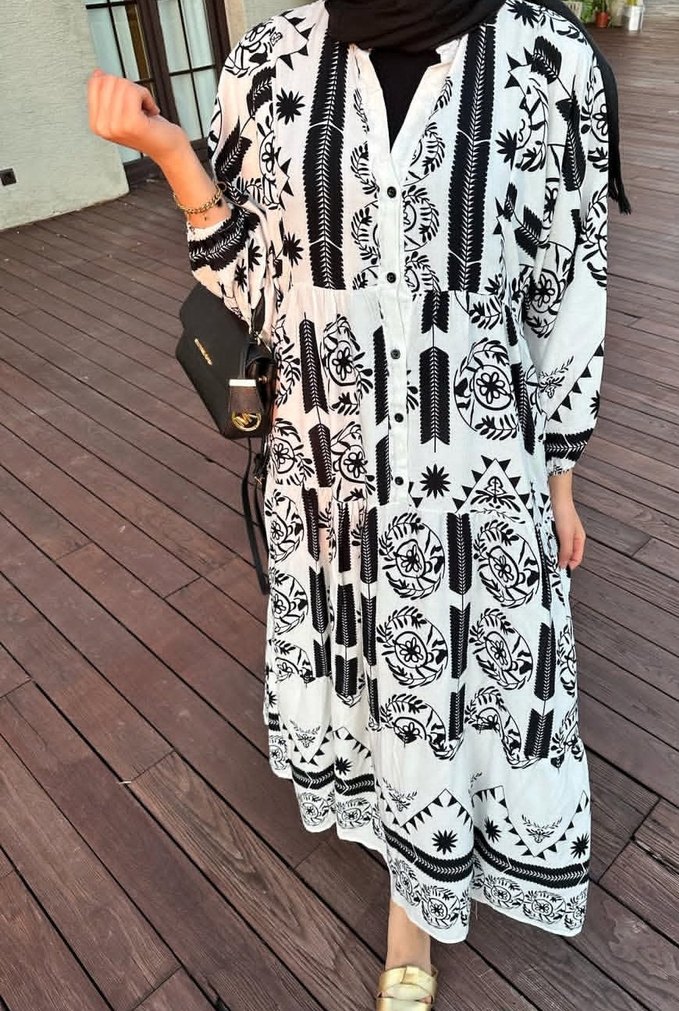 Bohem Etnik Desenli Uzun Beyaz Elbise - Görsel 3