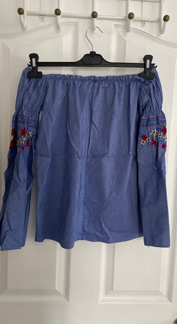 Nakışlı Mavi Straplez Uzun Kollu Bluz - Görsel 2