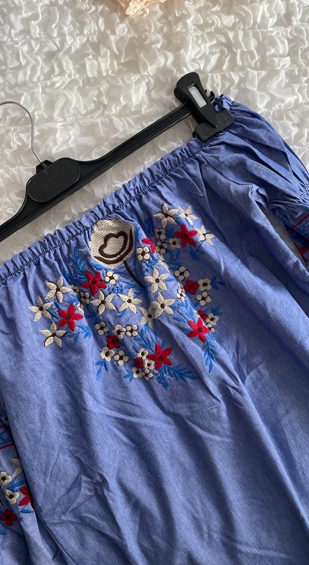 Nakışlı Mavi Straplez Uzun Kollu Bluz - Görsel 3