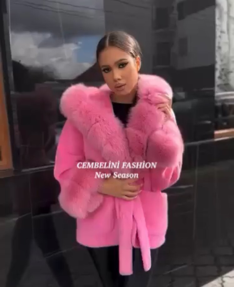 Pembe Kısa natural  Kürk Detaylı Kadın Mont - Görsel 3