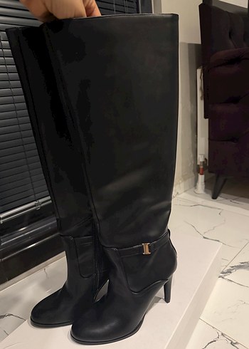Siyah Deri Dizüstü Topuklu Kadın Çizme - Görsel 9