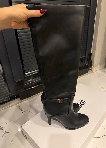 Siyah Deri Dizüstü Topuklu Kadın Çizme - Görsel 5