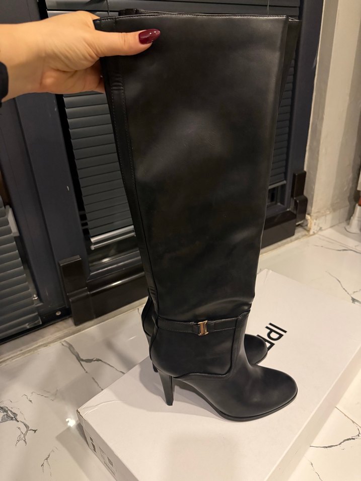 Siyah Deri Dizüstü Topuklu Kadın Çizme - Görsel 5