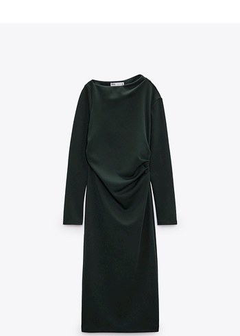 Zara Kadın Koyu Yeşil Uzun Kollu Uzun Elbise