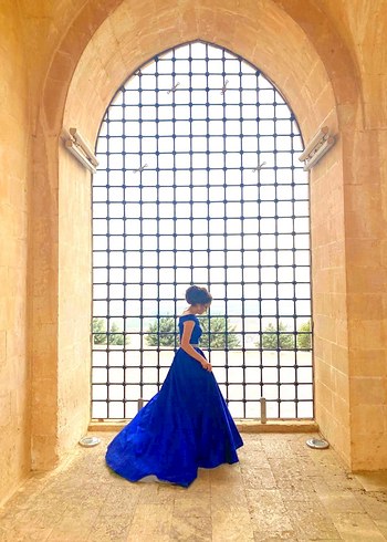 Parlak Mavi Drapeli Saten Uzun Abiye Elbise - Görsel 3