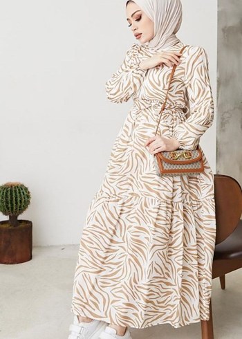 48 Beden camel Renk Bohem Zebra Desenli Uzun Elbise