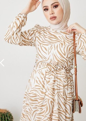 Diger Kadın Camel Zebra Desenli Uzun Elbise