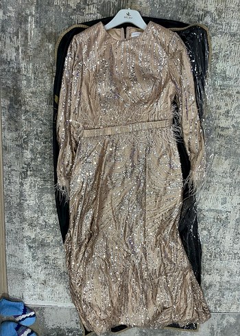 Bej Parlak Yılan Desenli Uzun Abiye Elbise - Görsel 4