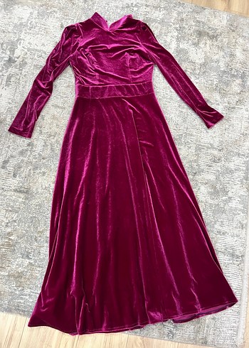 Bordo Uzun Kollu Yüksek Yakalı Kadın Abiye Pınar şems marka - Görsel 2