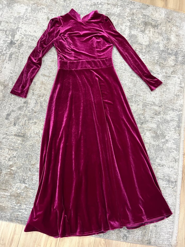 Bordo Uzun Kollu Yüksek Yakalı Kadın Abiye Pınar şems marka - Görsel 2