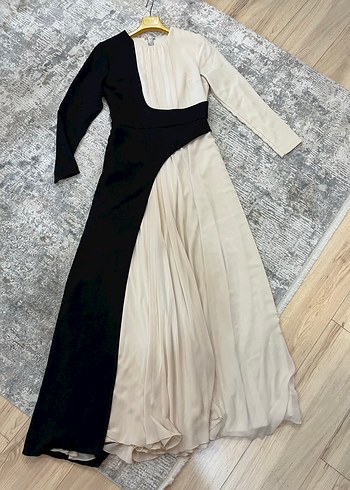 CENGİZ AKTÜRK MARKA Drapeli Siyah-Bej Uzun Elbise - Görsel 3