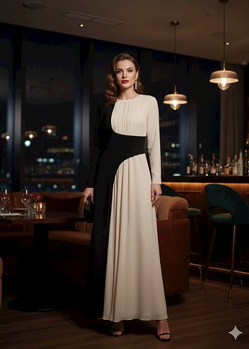 CENGİZ AKTÜRK MARKA Drapeli Siyah-Bej Uzun Elbise - Görsel 2