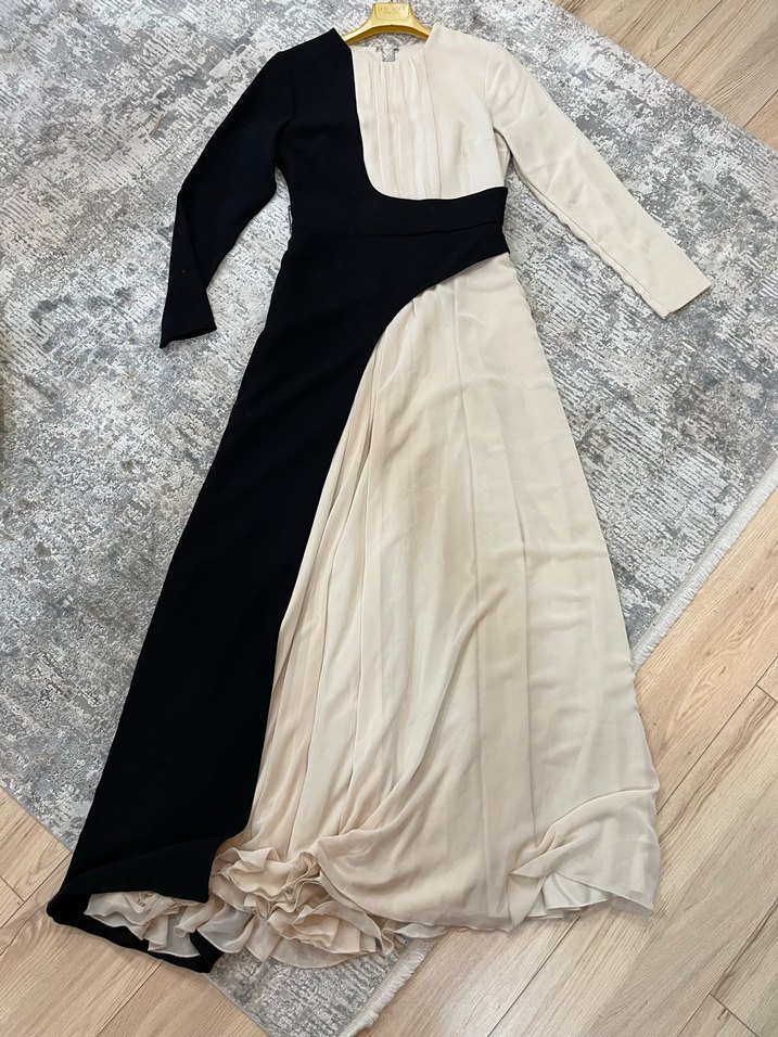 CENGİZ AKTÜRK MARKA Drapeli Siyah-Bej Uzun Elbise - Görsel 4