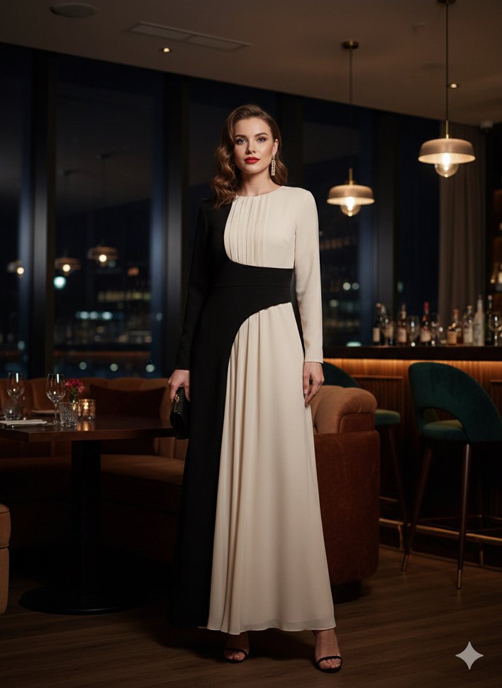 CENGİZ AKTÜRK MARKA Drapeli Siyah-Bej Uzun Elbise - Görsel 2