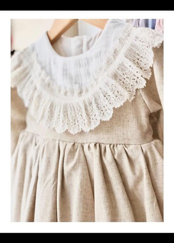 Bej Kız Çocuk Keten Fırfırlı Elbise - Görsel 3
