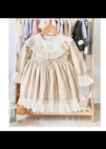 Bej Kız Çocuk Keten Fırfırlı Elbise - Görsel 5