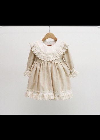 Bej Kız Çocuk Keten Fırfırlı Elbise - Görsel 4