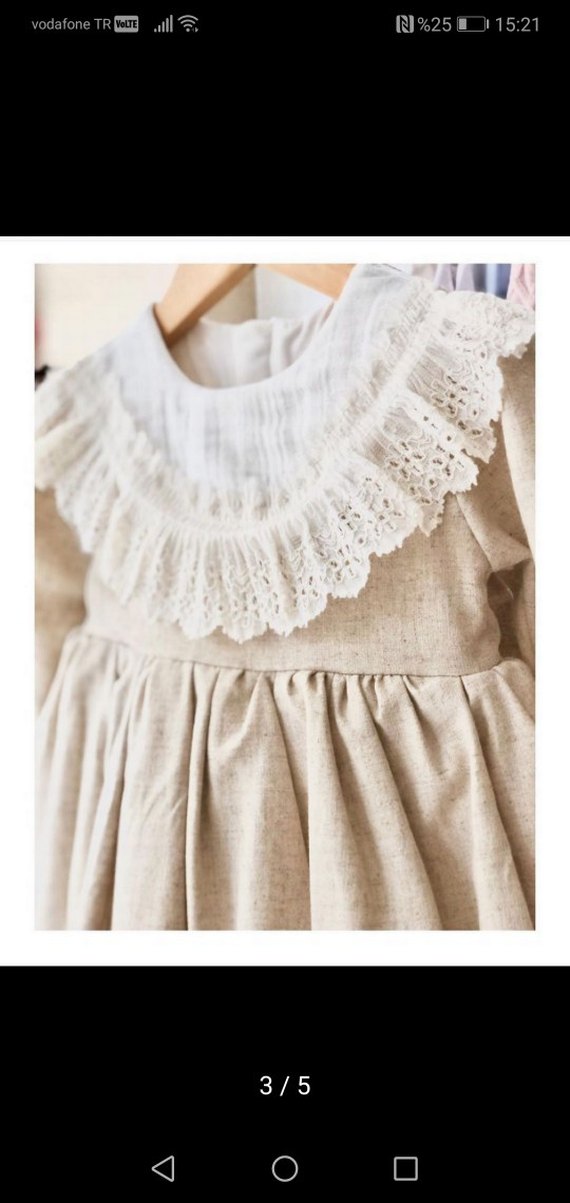 Bej Kız Çocuk Keten Fırfırlı Elbise - Görsel 3