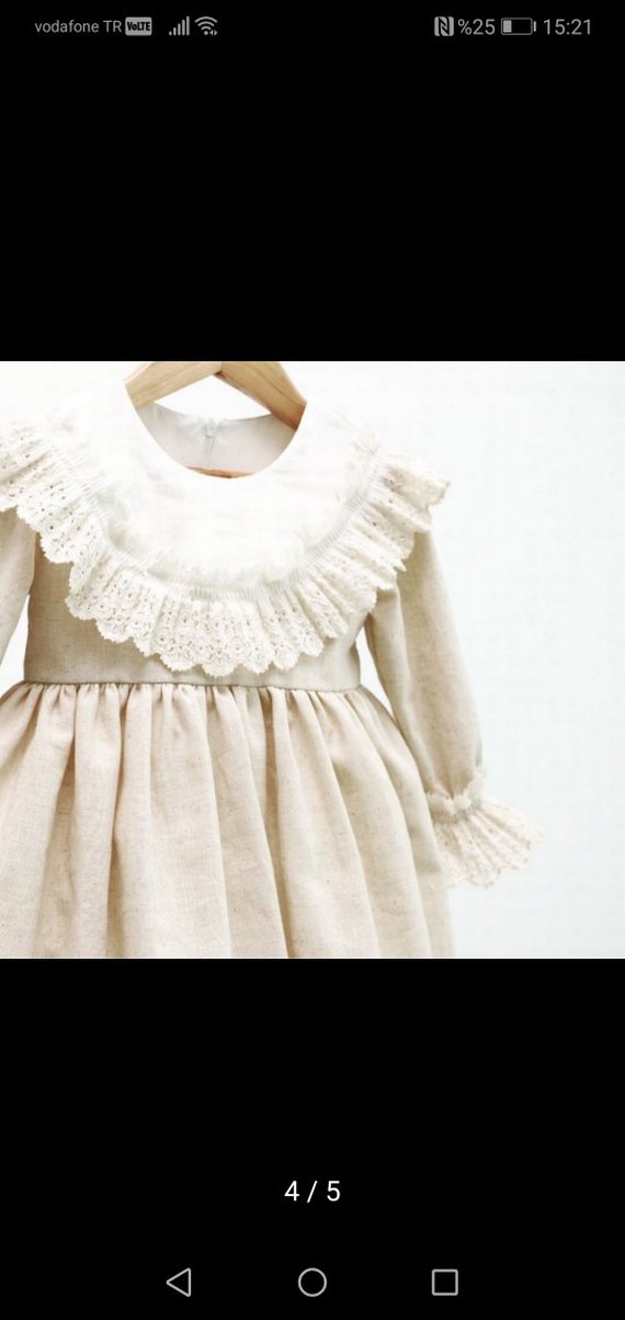 Bej Kız Çocuk Keten Fırfırlı Elbise - Görsel 2