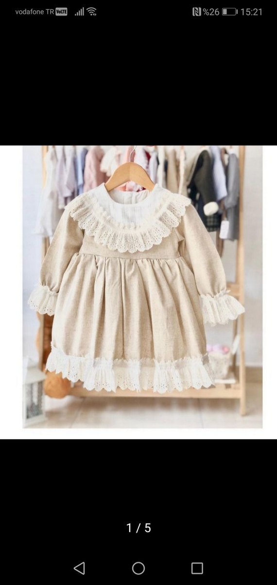 Bej Kız Çocuk Keten Fırfırlı Elbise - Görsel 5